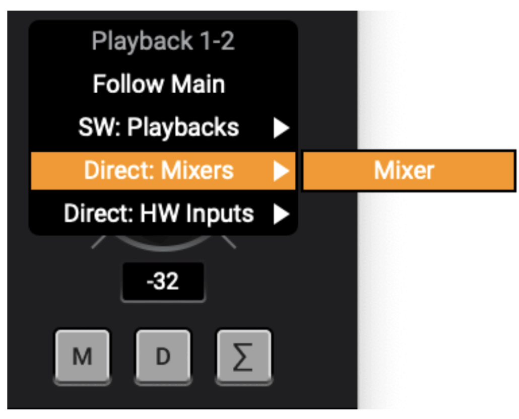 Control 2 Direct Monitoring configuration per output type